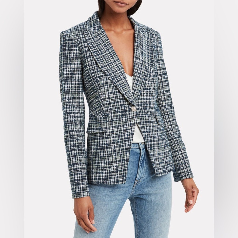 Veronica Beard Women's Navy and Green Plaid Cutaway Dickey Blue Plaid Blazer